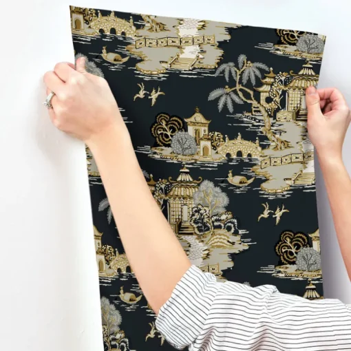 Toile Resource Library Pagoda And Sampan Scenic Wallpaper - Black