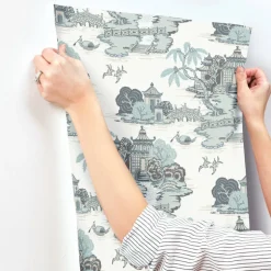 Toile Resource Library Pagoda And Sampan Scenic Wallpaper - Blue