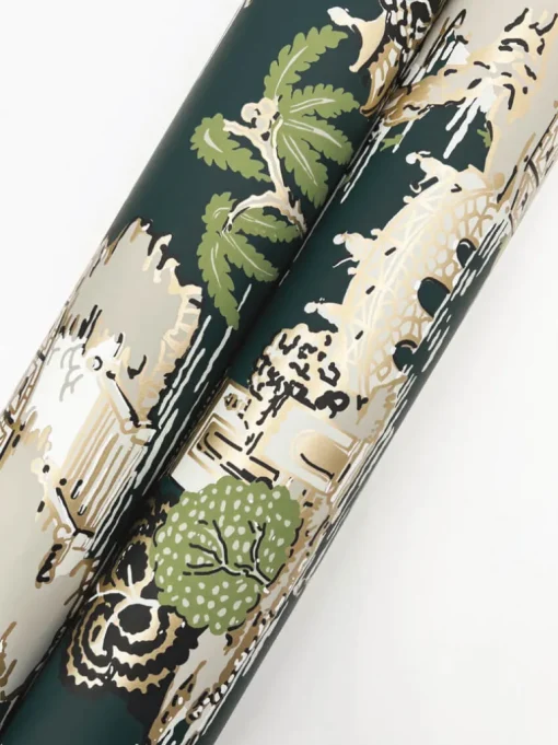 Toile Resource Library Pagoda And Sampan Scenic Wallpaper - Green