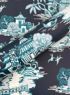 Toile Resource Library Pagoda And Sampan Scenic Wallpaper - Blue