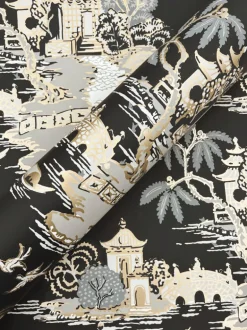 Toile Resource Library Pagoda And Sampan Scenic Wallpaper - Black