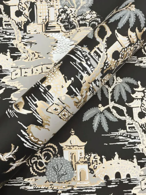 Toile Resource Library Pagoda And Sampan Scenic Wallpaper - Black