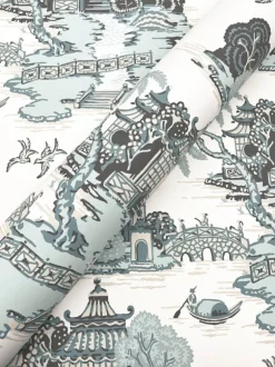 Toile Resource Library Pagoda And Sampan Scenic Wallpaper - Blue