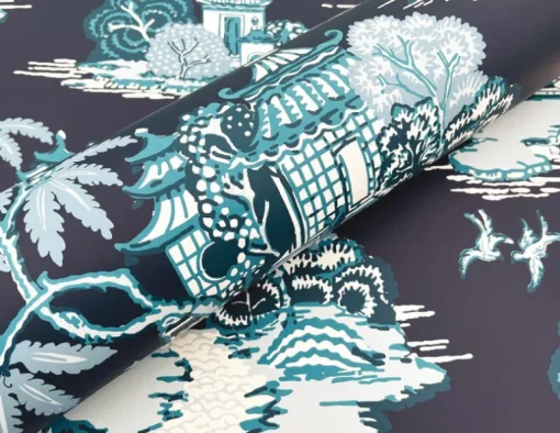 Toile Resource Library Pagoda And Sampan Scenic Wallpaper - Blue