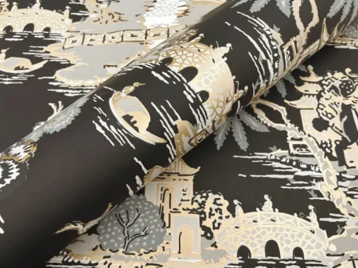 Toile Resource Library Pagoda And Sampan Scenic Wallpaper - Black