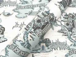 Toile Resource Library Pagoda And Sampan Scenic Wallpaper - Blue