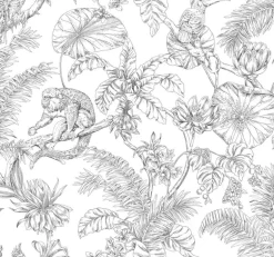 Toile Resource Library Tropical Sketch Toile Wallpaper - Gray