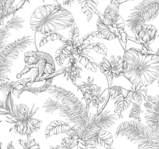 Toile Resource Library Tropical Sketch Toile Wallpaper - Gray