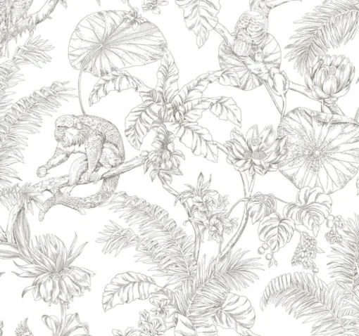 Toile Resource Library Tropical Sketch Toile Wallpaper - Brown
