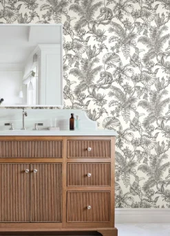 Toile Resource Library Tropical Sketch Toile Wallpaper - Gray