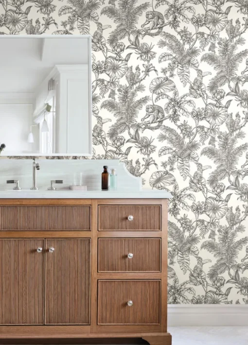Toile Resource Library Tropical Sketch Toile Wallpaper - Gray