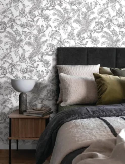 Toile Resource Library Tropical Sketch Toile Wallpaper - Gray