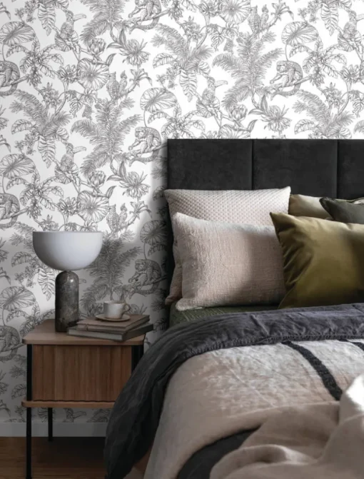 Toile Resource Library Tropical Sketch Toile Wallpaper - Gray