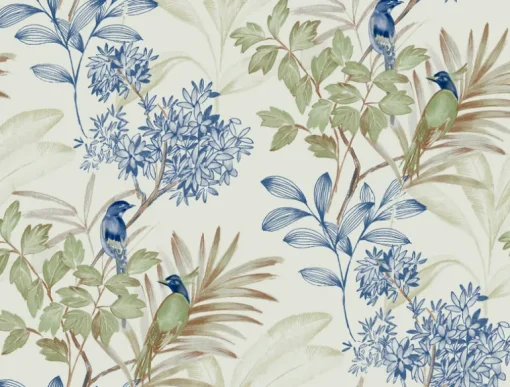 Watercolor Botanicals Handpainted Songbird Peel & Stick Wallpaper - Green & Blue