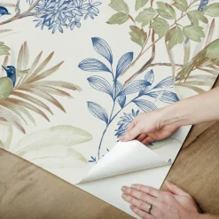 Watercolor Botanicals Handpainted Songbird Peel & Stick Wallpaper - Green & Blue