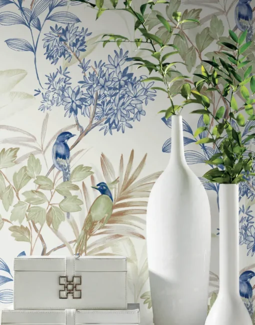 Watercolor Botanicals Handpainted Songbird Peel & Stick Wallpaper - Green & Blue