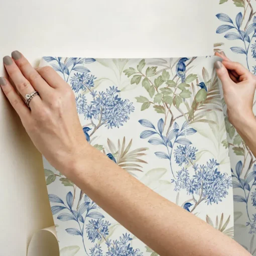 Watercolor Botanicals Handpainted Songbird Peel & Stick Wallpaper - Green & Blue