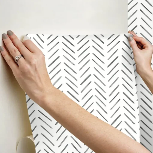 Watercolor Botanicals Painted Herringbone Peel & Stick Wallpaper - Black