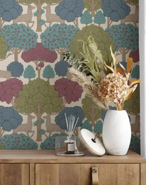Westbury Forest Forest of Arden Deer Wallpaper - Merlot