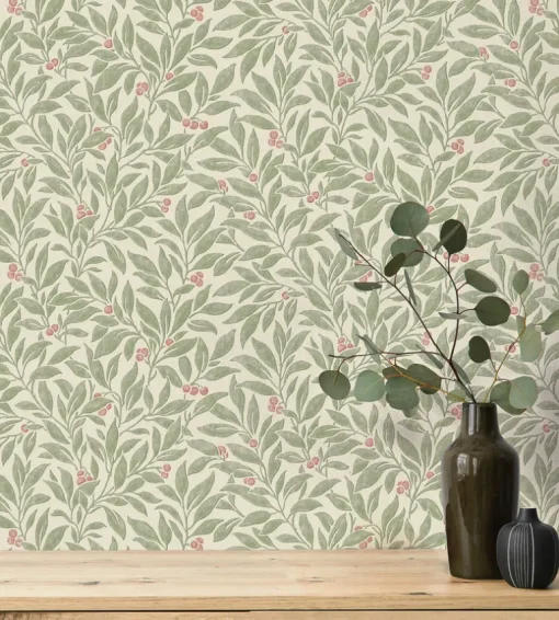 Westbury Forest Winter Berry Vine Wallpaper - Green